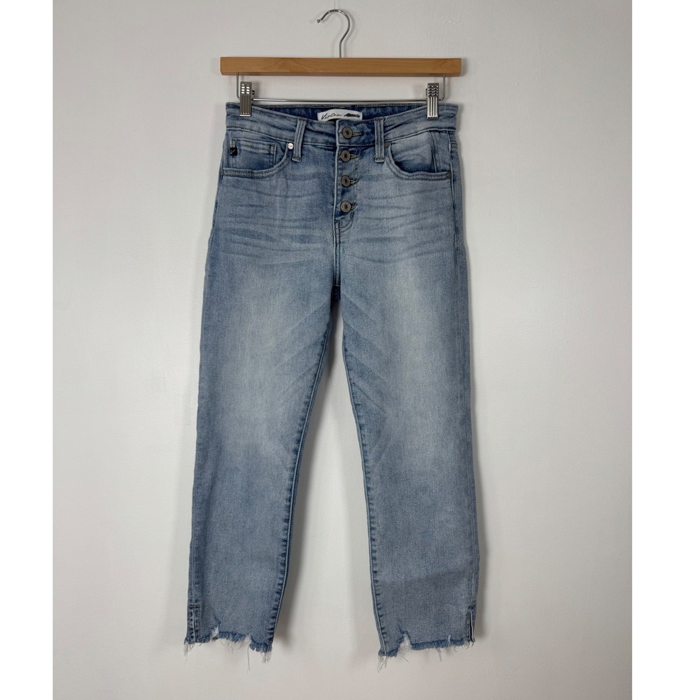 Boho Kancan Maurices Women 24 High Rise Button Fly Jeans Light Wash Raw Hem Slit